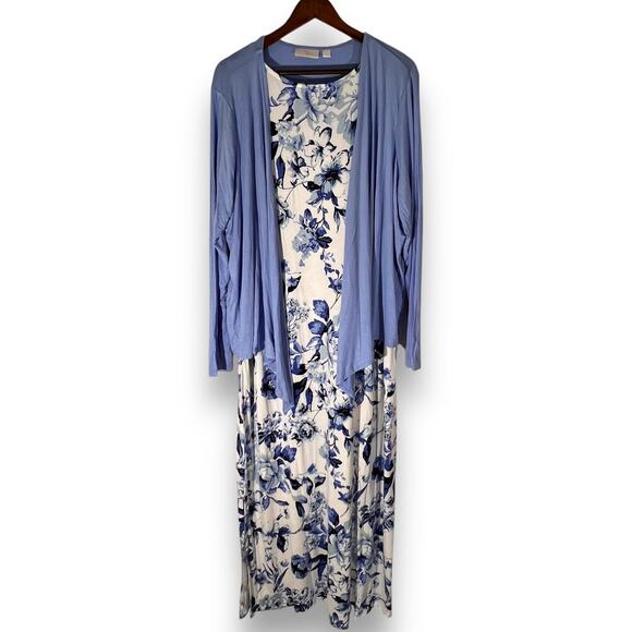 Belle by Kim Gravel Maxi Dress Cardigan Set Blue Floral Knit Womens Size Medium - Picture 3 of 11